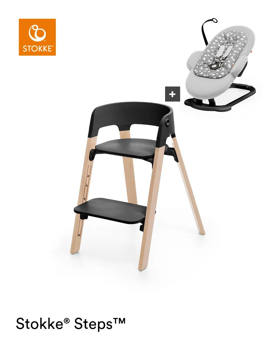 Stokke® Steps™ Stoel – Beech Wood + Wipstoel - Black Seat/Natural Legs/Grey Clouds