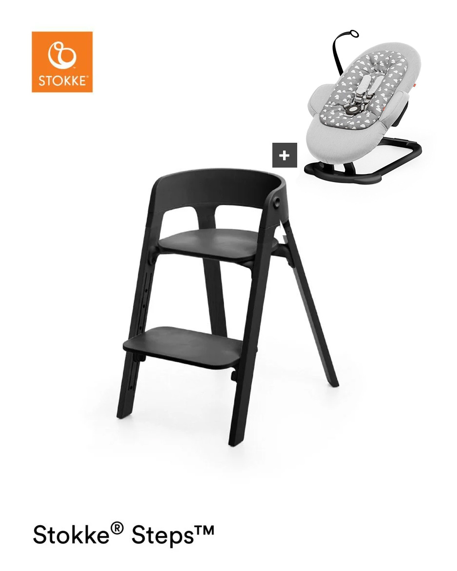 Stokke® Steps™ Stoel – Beech Wood + Wipstoel - Black Seat/Black Legs/Grey Clouds