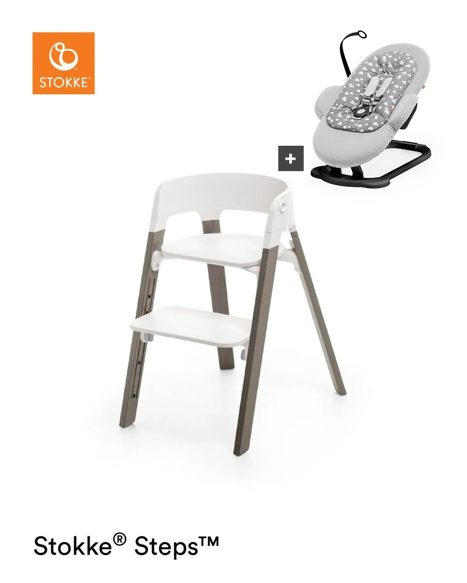 Stokke® Steps™ Stoel – Beech Wood + Wipstoel - White Seat/Hazy Grey Legs/Grey Clouds