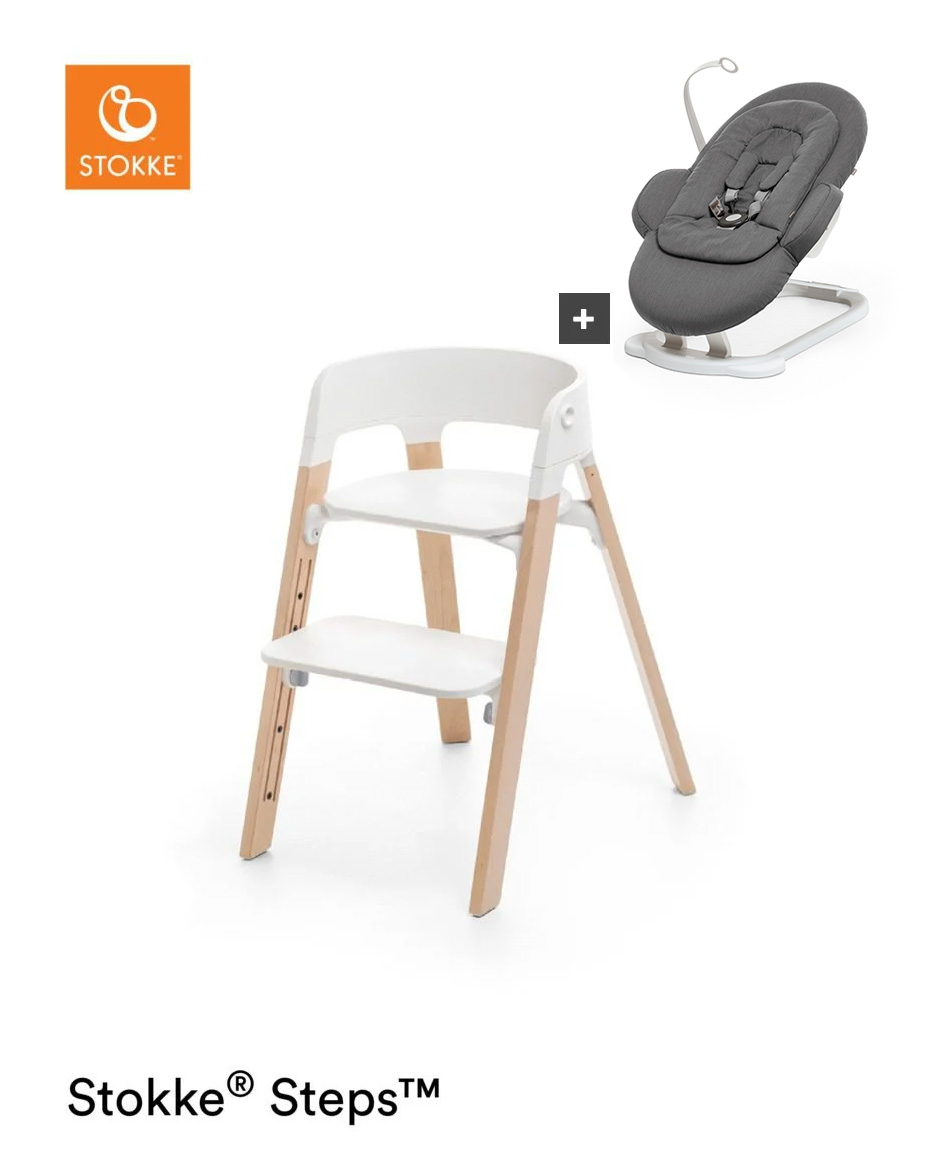 Stokke® Steps™ Stoel – Beech Wood + Wipstoel - White Seat/Natural Legs/Deep Grey