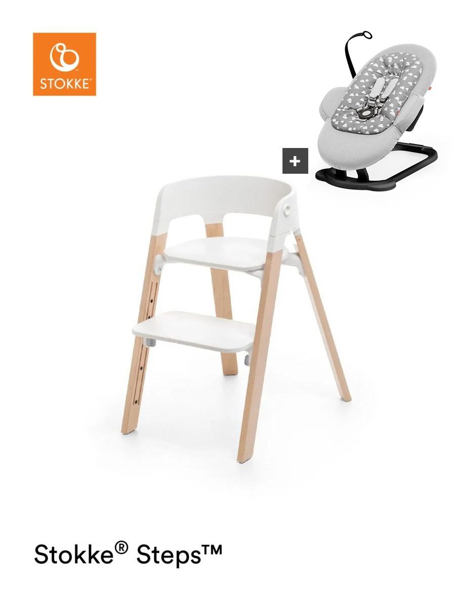 Stokke® Steps™ Stoel – Beech Wood + Wipstoel - White Seat/Natural Legs/Grey Clouds