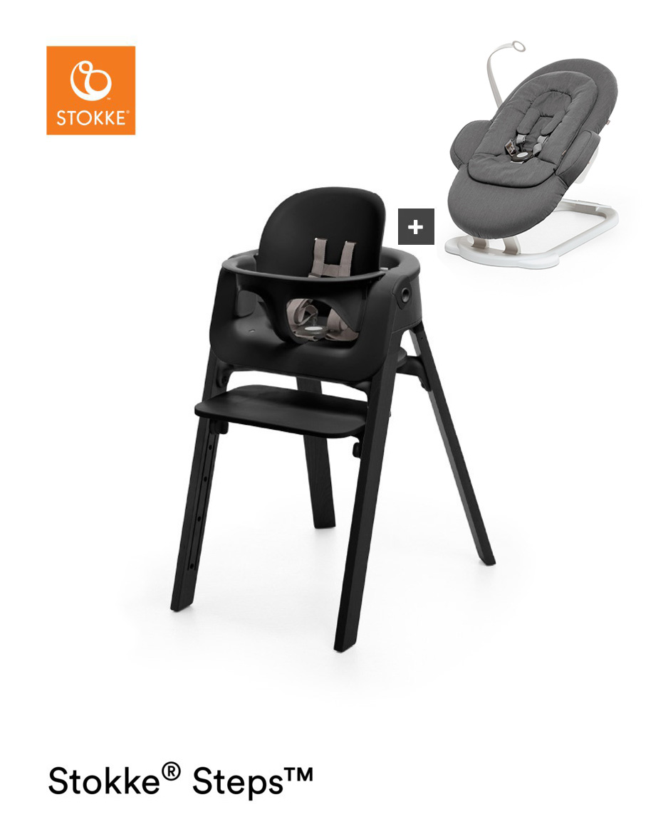 Stokke® Steps™ Stoel Compleet – Beech Wood + Bouncer - Black Seat/Black Legs/Deep Grey