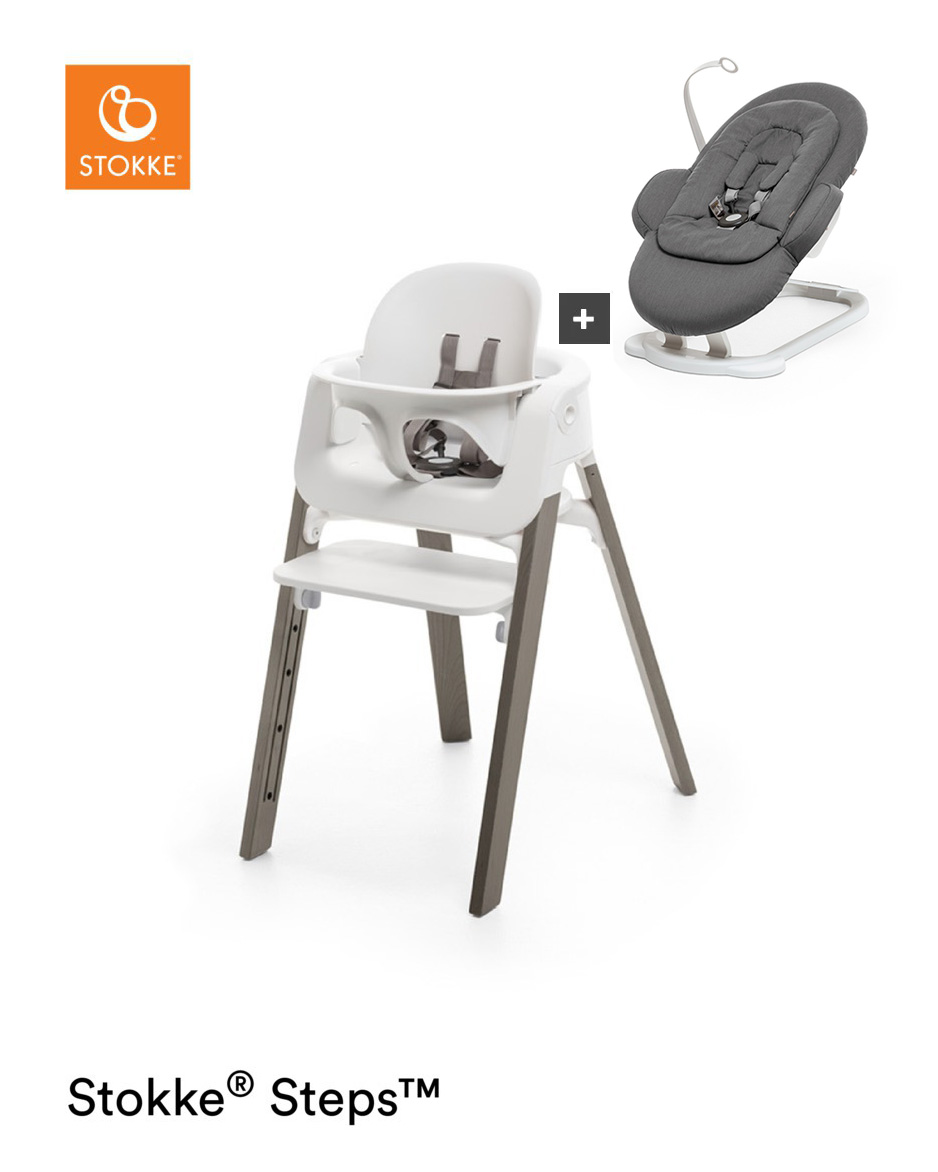 Stokke® Steps™ Stoel Compleet – Beech Wood + Bouncer - White Seat/Hazy Grey Legs/Deep Grey