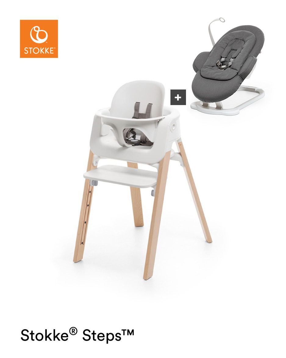 Stokke® Steps™ Stoel Compleet – Beech Wood + Bouncer - White Seat/Natural Legs/Deep Grey