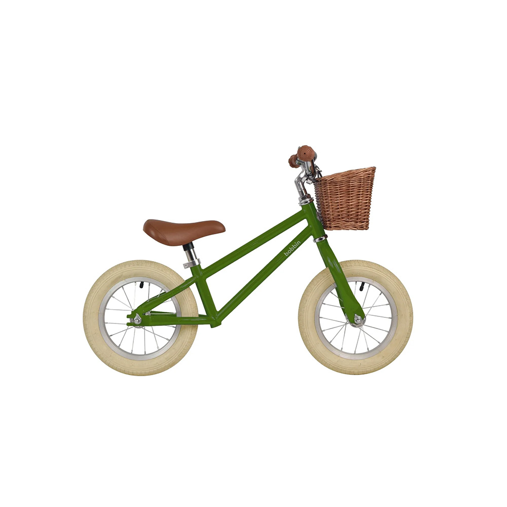 Bobbin bikes - Moonbug 12" Loopfiets - balance bike - groen - pea green - met fietsmand - 2 tot 4 jaar