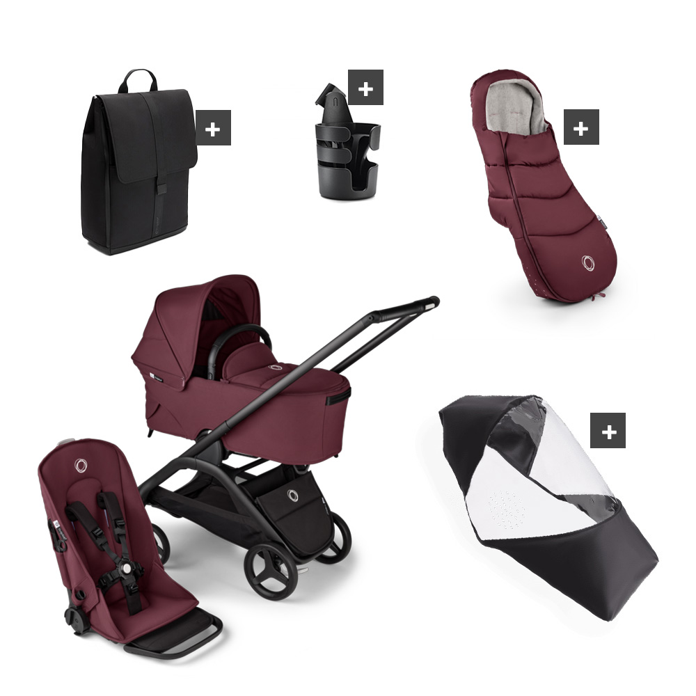 Bugaboo Dragonfly– Essentiële Kinderwagen Bundel - Black/Dark Cherry-Dark Cherry